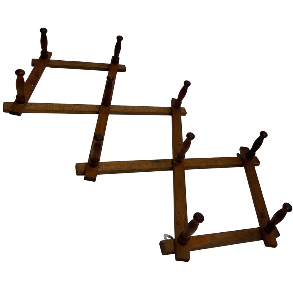 Vintage Accordion Peg Rack Wood Wall Hanging 10 Peg Expandable Hat Coat Towel